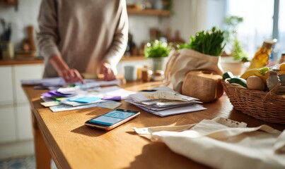 Person sorting through papers on a wooden table with groceries and a smartphone in a bright kitchen