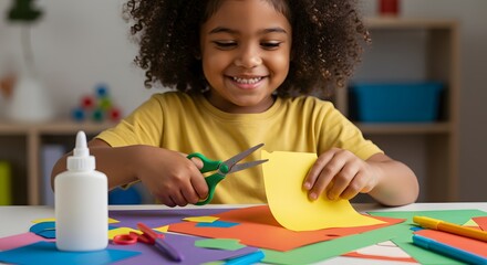 A smiling young girl with curly hair uses scissors to cut yellow paper for an arts and crafts project.