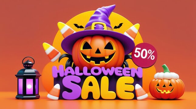 Happy halloween sale 50 percent off with pumpkin witch hat and candy corn decorations - Powered by Adobe