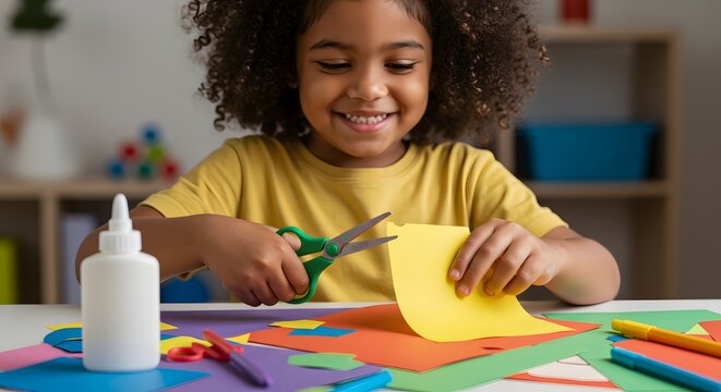 A smiling young girl with curly hair uses scissors to cut yellow paper for an arts and crafts project.
