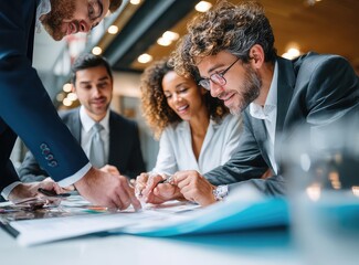 Group of diverse business people collaborating on documents at a conference table in a modern office