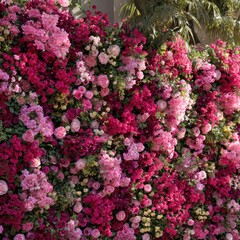 Pink floral wall, outdoor event, sunny day, lush greenery backdrop, wedding decor