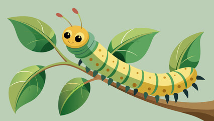 Obraz premium A happy yellow and green caterpillar crawls on a leafy branch