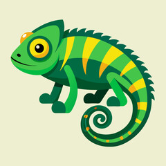 Cute green chameleon with yellow stripes and a curled tail