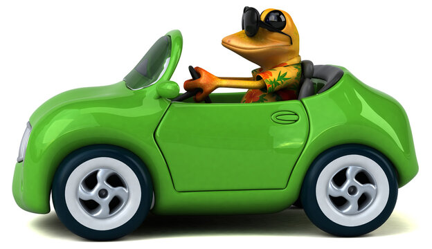 Fun 3D cartoon frog in a car illustration