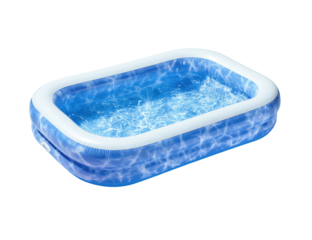 Inflatable rectangular swimming pool, light blue with white border, filled with water.  Features a rippled or marbled design