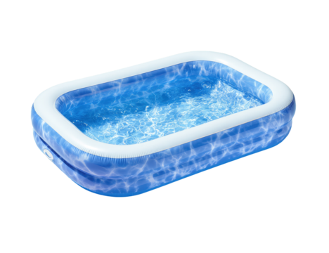 Inflatable rectangular swimming pool, light blue with white border, filled with water.  Features a rippled or marbled design