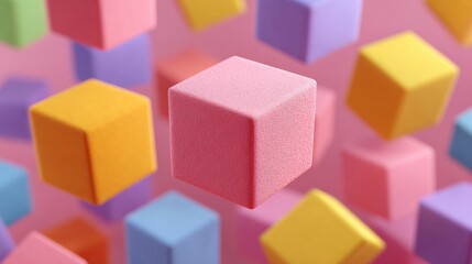 Obraz premium Playful Cubes in pastel palette: a whimsical arrangement of multicolored cubes suspended mid-air, showcasing a vibrant palette of pastel hues and creating a sense of dynamic energy and playful.