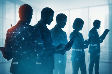 Business professionals using digital tablets with futuristic data network overlay on light office background, symbolizing teamwork and innovation.