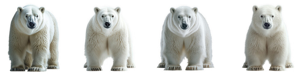 Fototapeta premium Four polar bears standing side by side on a transparent background in a studio setting