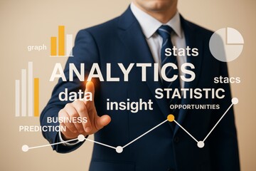 Businessman interacting with digital analytics interface showing data, graphs, and statistics on a light background with creative elements.