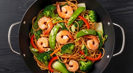Top view of shrimp stir fry with noodles broccoli bok choy and snap peas in a black wok on dark surface