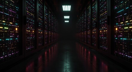 Illuminated server racks create a futuristic digital corridor with vibrant led lights reflecting on a polished floor