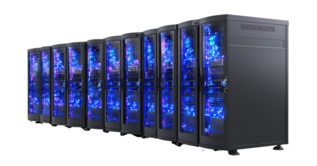 Row of dark gray server cabinets, lit with vibrant blue and purple light, showing intricate internal components