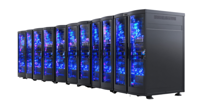 Row of dark gray server cabinets, lit with vibrant blue and purple light, showing intricate internal components