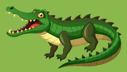 Cartoon alligator with mouth wide open on a green background