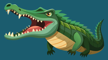 Fierce green alligator with mouth wide open and sharp teeth