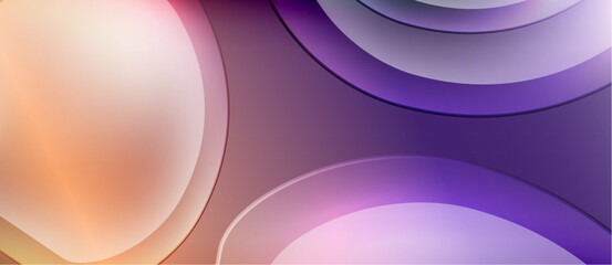 Abstract background features layered circles. Soft gradients blend peach, lavender, purple hues. Minimalist design evokes calm, modern aesthetic.