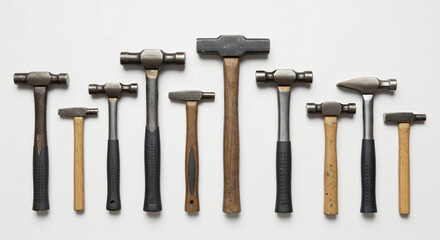 display of carpenter hammers with diverse handle finishes and head styles, lined up against a light gray wall