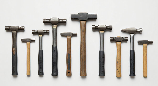display of carpenter hammers with diverse handle finishes and head styles, lined up against a light gray wall - Powered by Adobe