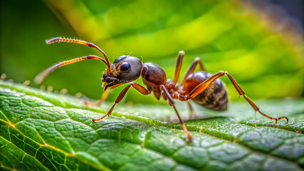 Fototapeta premium Extreme close up macro of tiny ant crawling on green fresh leaf surface