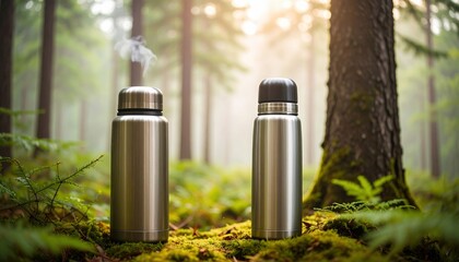  Steaming tea thermos in a misty forest