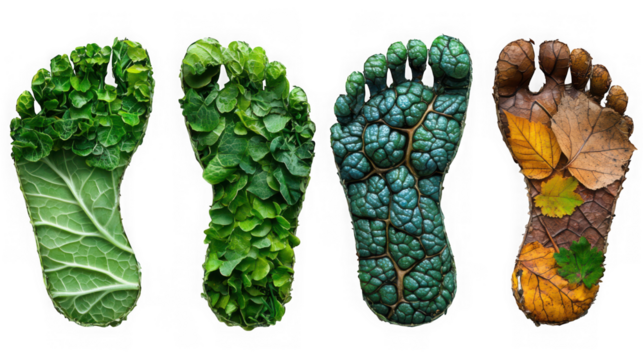 Four feet representing the seasons with leaves and plants symbolizing the cycle of nature isolated on transparent background