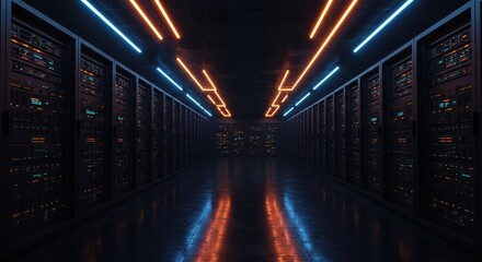 Futuristic neon lit server room corridor with reflective flooring and data racks creating an immersive digital environment