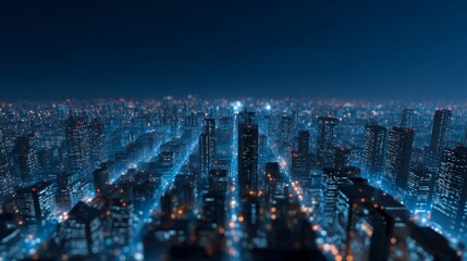 Fototapeta premium Cityscape Lights at Night: An electrifying panorama of a city at night, with a multitude of buildings illuminated by vibrant lights, creating a stunning visual spectacle of modern urban life.