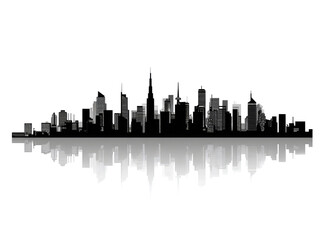 Obraz premium Silhouette of a city skyline at night. Gray-scale cityscape, dark background, horizontal format, buildings layered
