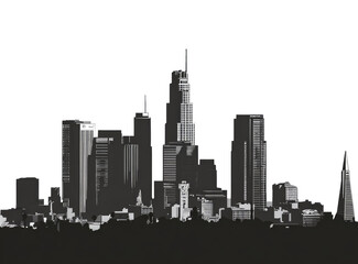 Naklejka premium Monochrome cityscape skyline. Gray-scale city buildings, various heights, against black background. Horizontal view. Modern architectural design