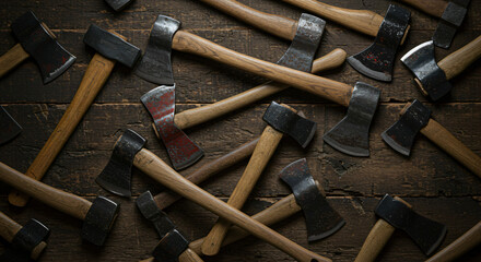 A collection of various traditional hand-forged axes with wooden handles on a textured wooden surface with a dark, moody lighting setup
