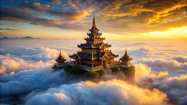 Floating mystical temple structure above surreal desert cloudscape at night