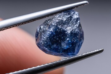Rough blue gemstone in tweezers, Sapphire crystal close-up, Raw mineral specimen for jewelry or geology themes