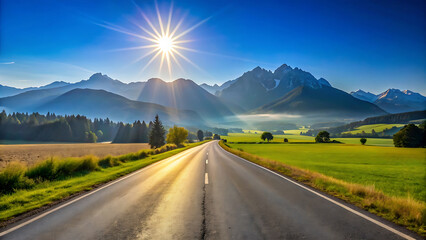 Naklejka premium Foothills landscape of austrian alps with winding asphalt road and trees