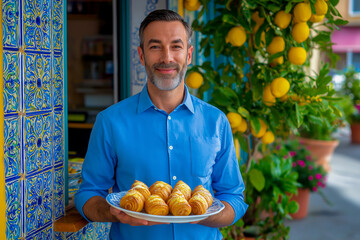 Man smiling while holding a plate of baked goods in a garden setting  