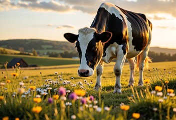 A majestic cow stands gracefully in a sunlit meadow at golden hour, its glossy black-and-white coat glistening with dew