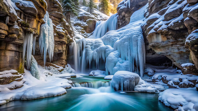 Frozen icy waterfall cascading inside snowy canyon in winter mountain terrain - Powered by Adobe
