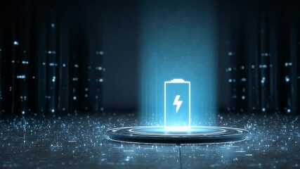 
A blue background with glowing battery icon surrounded by lines of data and light beams, symbolizing the power to create new energy.  - Powered by Adobe