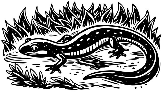 Black and white illustration of a spotted salamander in tall grass