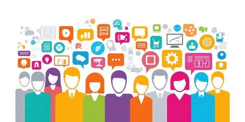 Diverse group of people with colorful speech bubbles containing various icons above their heads
