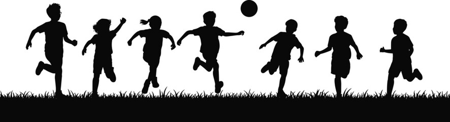 Silhouette of children playing football on grass field, running, jumping, enjoying outdoor fun and team activity in natural environment