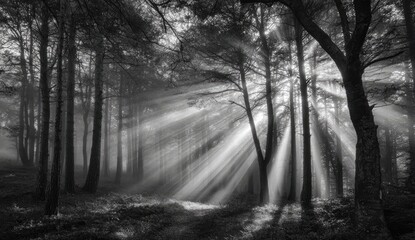 Naklejka premium Sunbeams pierce a misty forest