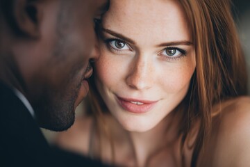 Close-up romantic couple scene, Redhead woman looking at camera, Suitable for love, trust or relationship content themes