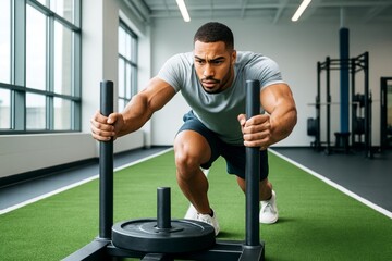 Focused man pushing weighted sled on green turf in gym with modern interior and natural light, symbolizing strength and determination in sport. Ai generative