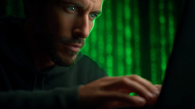 Cybersecurity Sentinel: A focused individual, their intense gaze illuminated by the green glow of a digital world, navigates a laptop amidst a matrix of code.