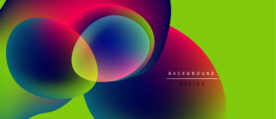 Vibrant abstract shapes overlap, creating colorful gradients. Lime green contrasts dark blues, pinks, purples. Modern design element.