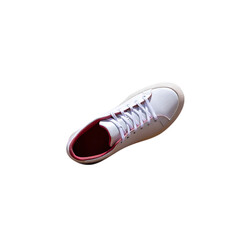 Elevated view of a white sneaker with pink interior, perfect for showcasing modern footwear trends, A stylish white sneaker with a pop of pink, isolated on black for a clean, contemporary aesthetic