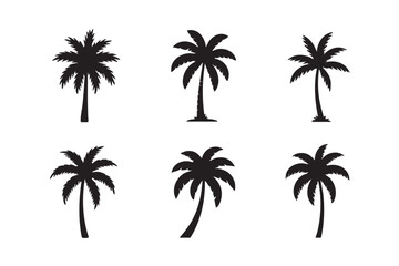 Six black palm tree silhouettes on a white background tropical
