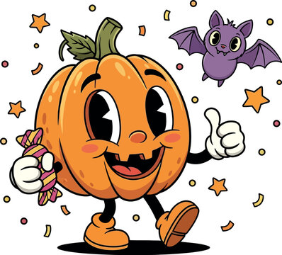 Cute cartoon halloween pumpkin character with candy and friendly bat giving a thumbs up silhouette - Powered by Adobe